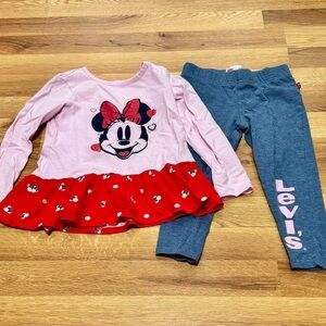 Levi's Pink Minnie Mouse Top & Denim Blue Leggings Set, size 3-4 years